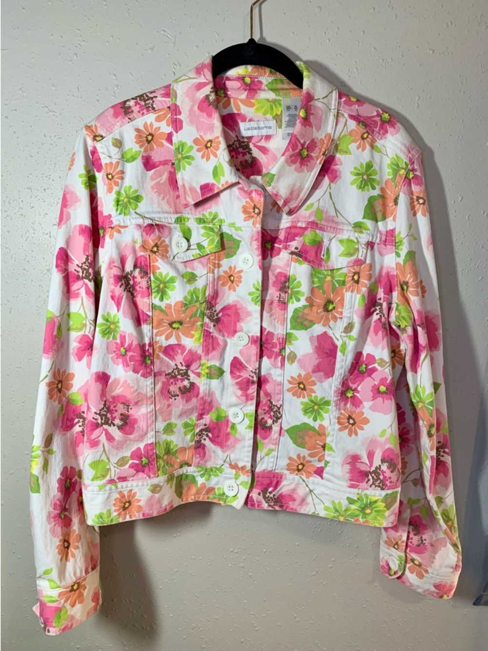 Vintage Liz Claiborne White Denim Jacket with Pink & Green Floral Print